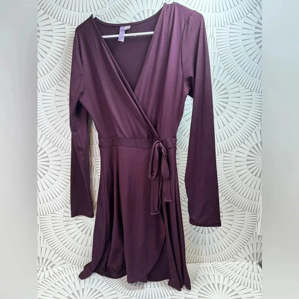 Alya Maroon Purple Faux Wrap Long Sleeve Stretch‎ Dress -Women's Size Small
